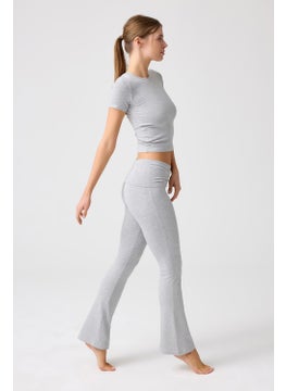 Los Ojos x Melodi Gray Melange Flared Leg Jersey Trousers  - Image 5