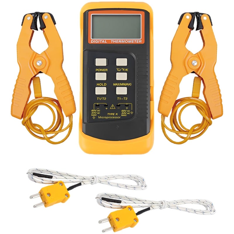 Digital Thermometer with K-Type Thermocouple, Metal Probes u0026 Clamps, Dual Channel, Real-Time ∆T Calculation, LCD Display, ℃/℉/K Switchable - Image 1