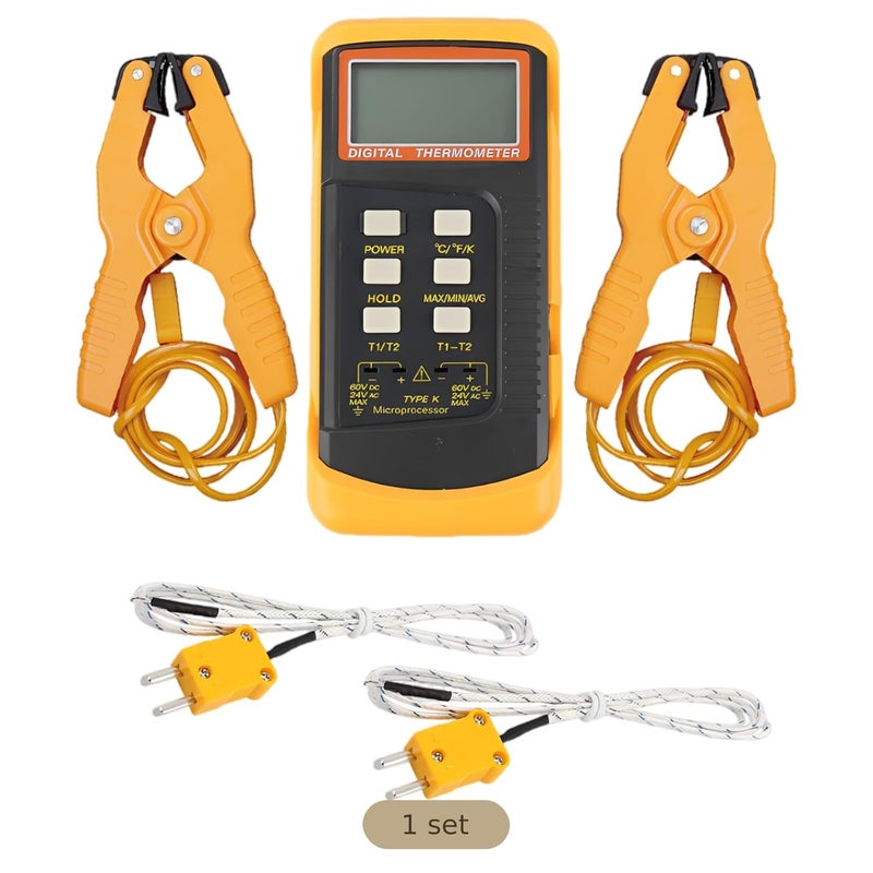 Digital Thermometer with K-Type Thermocouple, Metal Probes u0026 Clamps, Dual Channel, Real-Time ∆T Calculation, LCD Display, ℃/℉/K Switchable - Image 4