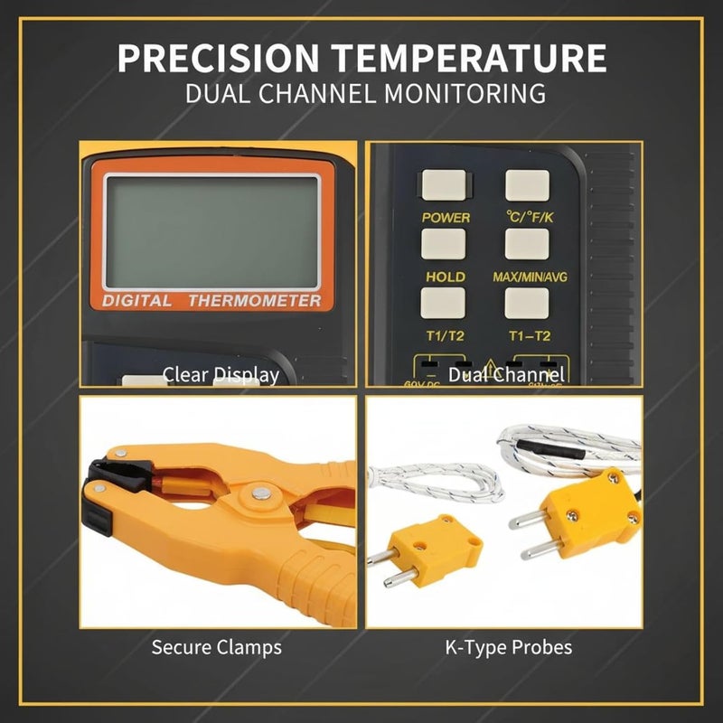 Digital Thermometer with K-Type Thermocouple, Metal Probes u0026 Clamps, Dual Channel, Real-Time ∆T Calculation, LCD Display, ℃/℉/K Switchable - Image 5