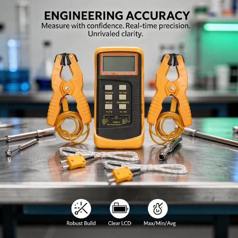 Digital Thermometer with K-Type Thermocouple, Metal Probes u0026 Clamps, Dual Channel, Real-Time ∆T Calculation, LCD Display, ℃/℉/K Switchable - Image 2