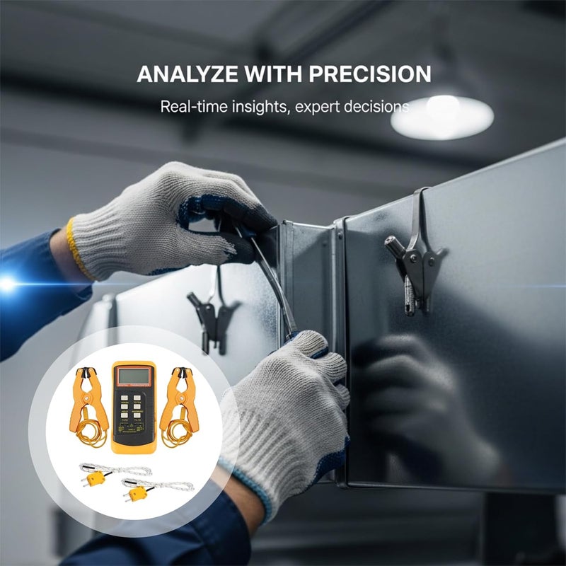 Digital Thermometer with K-Type Thermocouple, Metal Probes u0026 Clamps, Dual Channel, Real-Time ∆T Calculation, LCD Display, ℃/℉/K Switchable - Image 3