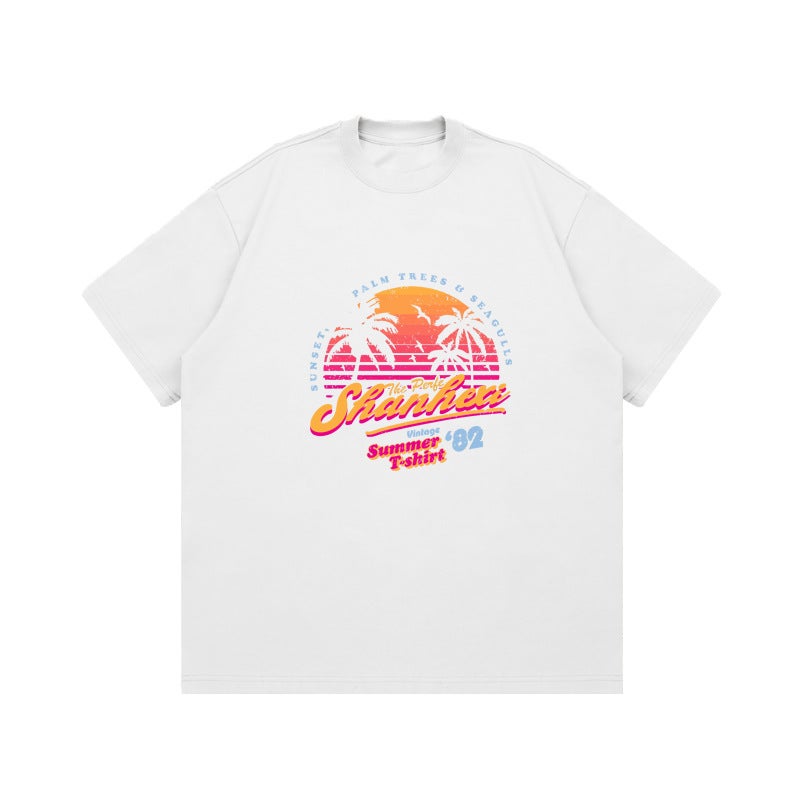 Sunset Dusk Printed Short-Sleeved American Shooting Clothes Printed Coconut Tree Atmosphere Heavy 260G T-Shirt - Image 5