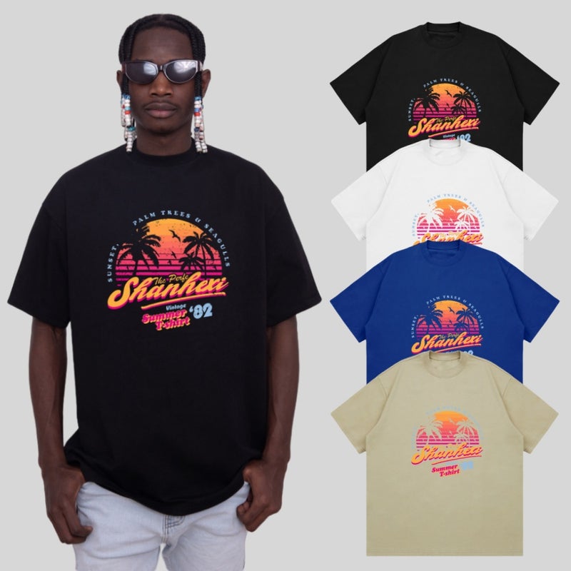 Sunset Dusk Printed Short-Sleeved American Shooting Clothes Printed Coconut Tree Atmosphere Heavy 260G T-Shirt - Image 3