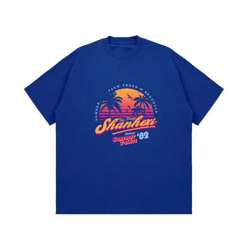Sunset Dusk Printed Short-Sleeved American Shooting Clothes Printed Coconut Tree Atmosphere Heavy 260G T-Shirt - Image 1