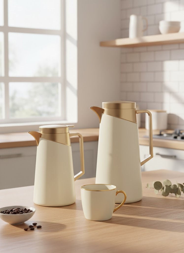 GAZELLA 2-Piece Stainless Steel Tea/Coffee Flask Set 0.6 & 1.0 Liters Off White/Gold, Borosilicate Glass Inside - Image 1