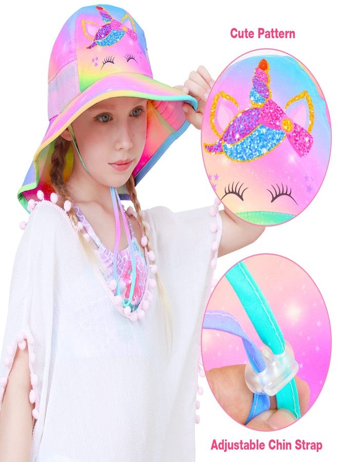 PASHOP Kids Sun Hat Anti-UV Girls Wide Brim Neck Flap UPF 50+ Sun Protection Unicorn Beach Hat with Adjustable Chin Strap 2-9 - Image 4