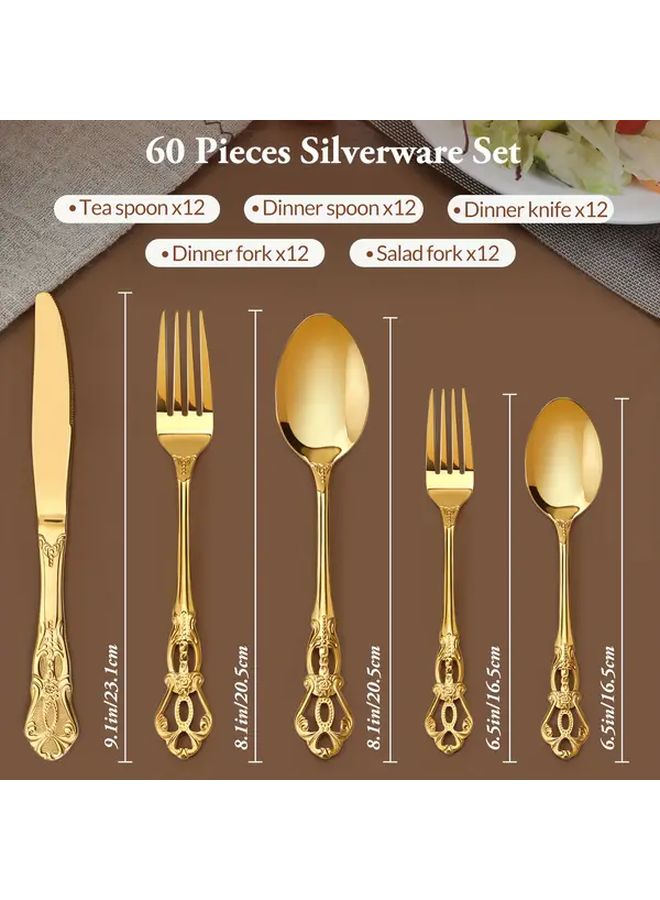 22 60pcs Golden Royal Classical Style Cutlery Set For 12 People Perfect For Picnic Birthday Party Wedding Dinner And Restaurant Kitchen Decor And Accessories Christmas Decorations Home Gift - Image 3