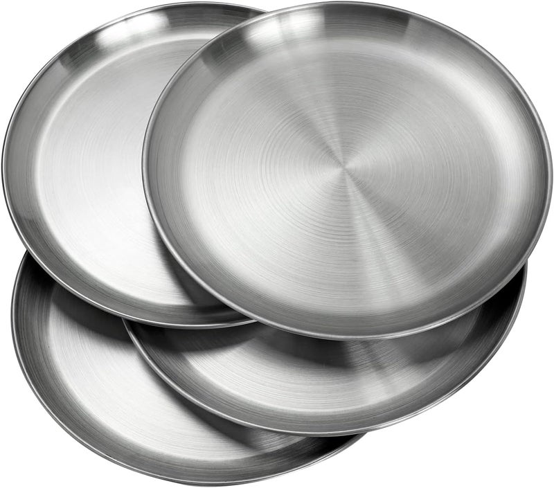 Wanby Stainless Steel Plates 304 Metal Lightweight Steel Plate Unbreakable Dinner Dishes Plates Set Non-Toxin Dishwasher Safe BPA Free and Healthy (4 Pcs) - Image 1