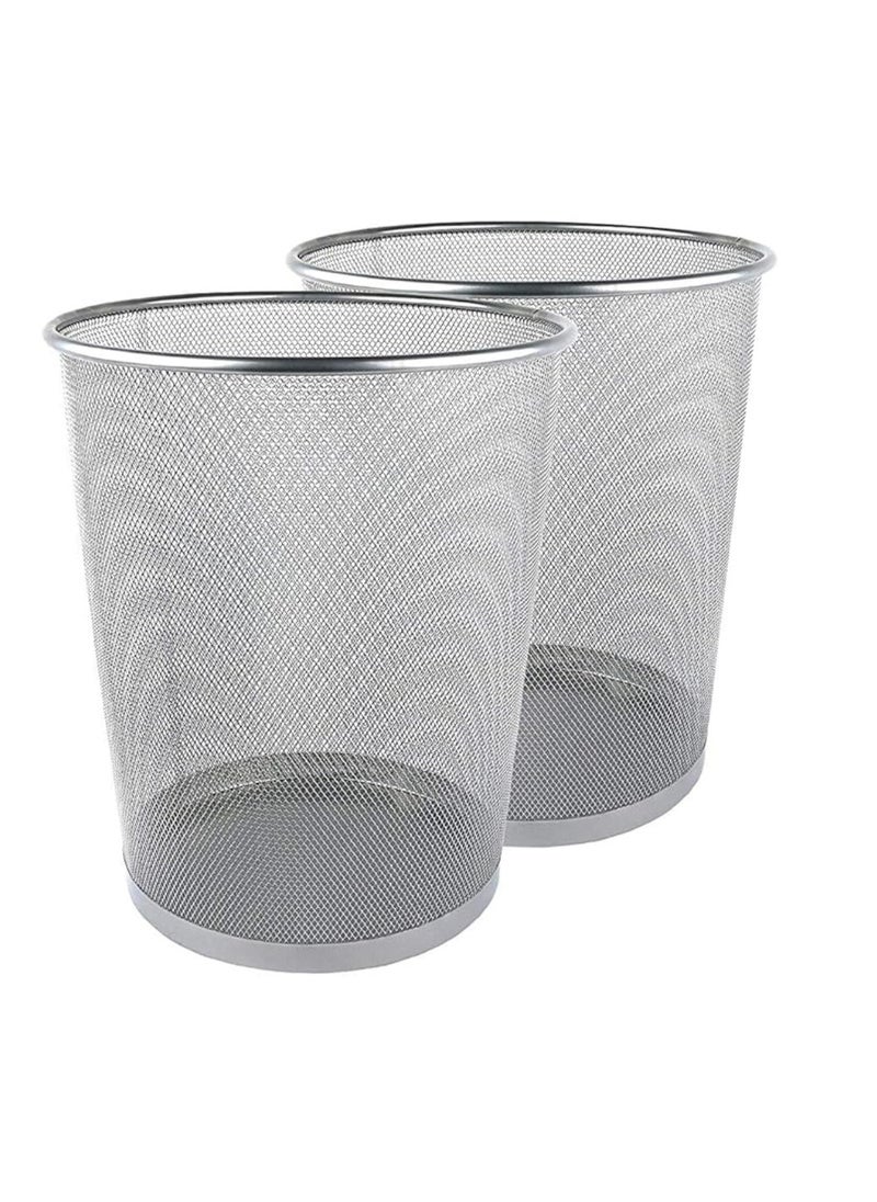 Yuwell 2 Pcs Round Recycling Open Top Mesh Trash Can Waste Basket Without Lid For Home Office College Kitchen And Bathroom Commercial Trash Can Fits Under Desk 34X29X24 CM Silver  - Image 1