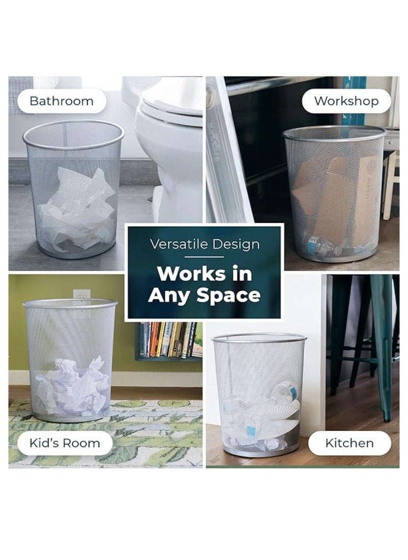 Yuwell 2 Pcs Round Recycling Open Top Mesh Trash Can Waste Basket Without Lid For Home Office College Kitchen And Bathroom Commercial Trash Can Fits Under Desk 34X29X24 CM Silver  - Image 4
