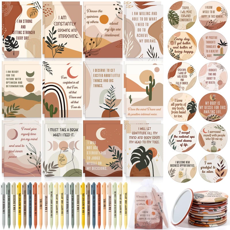 Mooliwe 72 Pcs/24 Set Positive Affirmation Gift Set for Women Gratitude Notebooks with Ballpoint Pens Mini Mirrors Small Bags Motivational Encouragement Notepad for Women Coworkers Adult Party Favor - Image 1