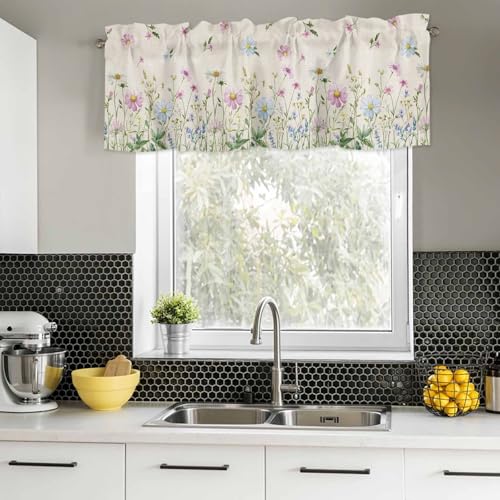 YOKOU Kitchen Curtain Valance, Flower Spring Wildflowers Vintage Farm Watercolor Floral Leaf Plant Short Rod Pocket Window Curtain for Bedroom, Bathroom, 1 Panel, 54" W x 18" L - Image 2