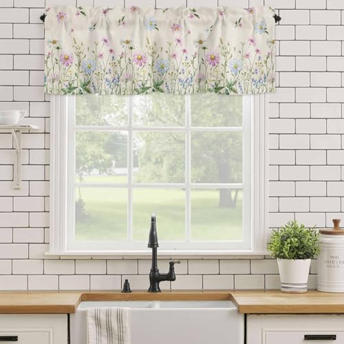 YOKOU Kitchen Curtain Valance, Flower Spring Wildflowers Vintage Farm Watercolor Floral Leaf Plant Short Rod Pocket Window Curtain for Bedroom, Bathroom, 1 Panel, 54" W x 18" L - Image 4
