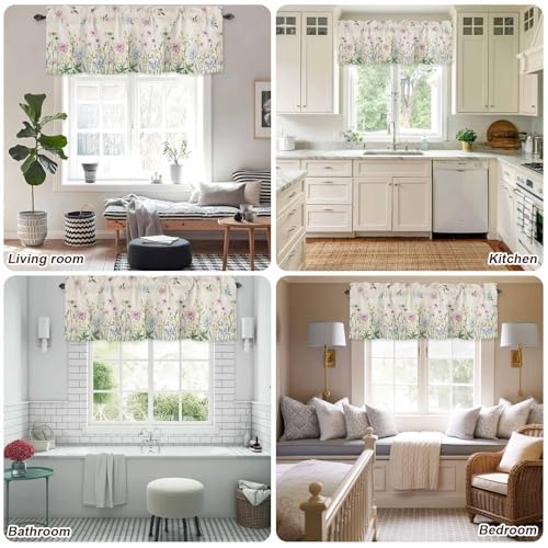 YOKOU Kitchen Curtain Valance, Flower Spring Wildflowers Vintage Farm Watercolor Floral Leaf Plant Short Rod Pocket Window Curtain for Bedroom, Bathroom, 1 Panel, 54" W x 18" L - Image 5