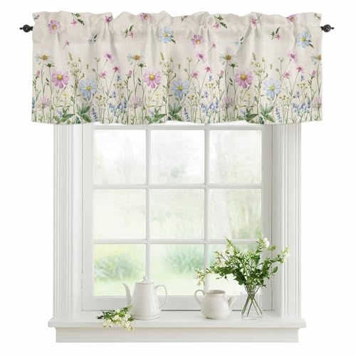 YOKOU Kitchen Curtain Valance, Flower Spring Wildflowers Vintage Farm Watercolor Floral Leaf Plant Short Rod Pocket Window Curtain for Bedroom, Bathroom, 1 Panel, 54" W x 18" L - Image 1