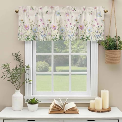 YOKOU Kitchen Curtain Valance, Flower Spring Wildflowers Vintage Farm Watercolor Floral Leaf Plant Short Rod Pocket Window Curtain for Bedroom, Bathroom, 1 Panel, 54" W x 18" L - Image 3