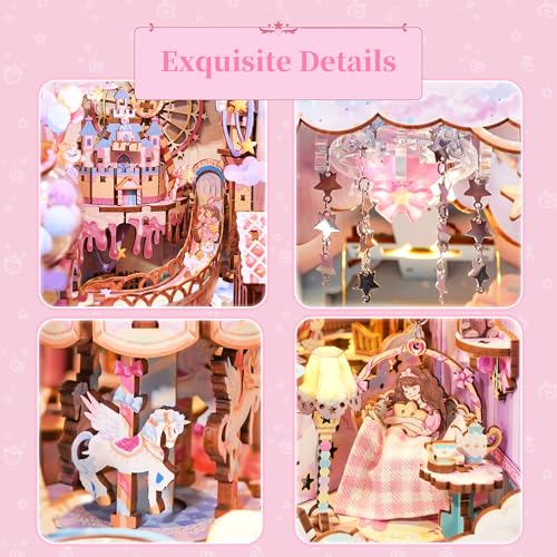 Tonecheer DIY Book Nook Kit for Adults Booknook Wooden 3D Puzzle Bookend Miniature House Kit Fantasy Pink Bookshelf Decor with Dust Cover and LED Light for Birthday Gifts Sweet Dream - Image 5