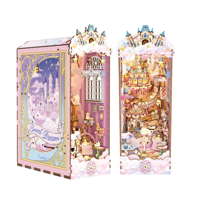 Tonecheer DIY Book Nook Kit for Adults Booknook Wooden 3D Puzzle Bookend Miniature House Kit Fantasy Pink Bookshelf Decor with Dust Cover and LED Light for Birthday Gifts Sweet Dream - Image 3