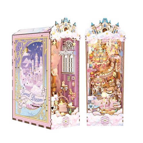 Tonecheer DIY Book Nook Kit for Adults Booknook Wooden 3D Puzzle Bookend Miniature House Kit Fantasy Pink Bookshelf Decor with Dust Cover and LED Light for Birthday Gifts Sweet Dream - Image 1
