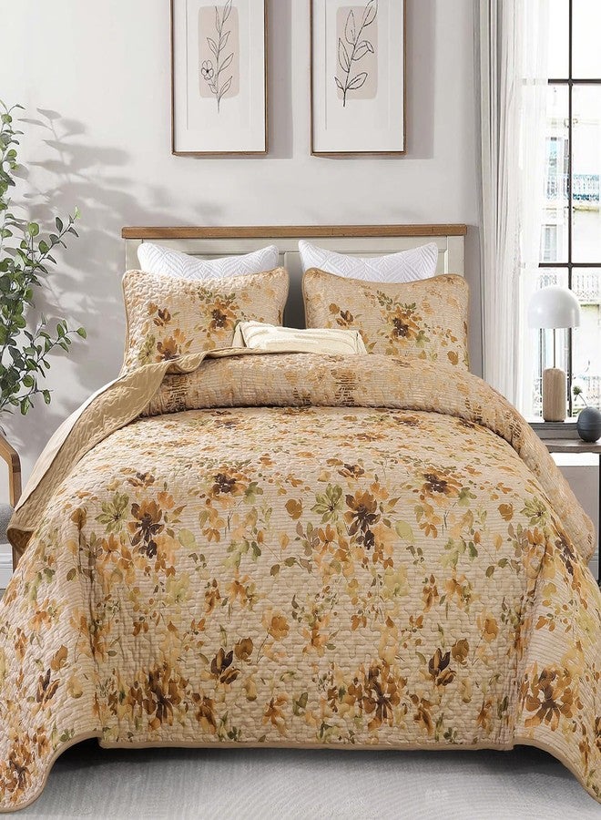 Dobuyly Fall Quilt Set Queen Size, Khaki Floral Bedspreads Coverlet Set, 3 Pieces Soft Lightweight Microfiber Botanical Flowers Quilt Bedding Set for All Seasons 96"x90" - Image 1