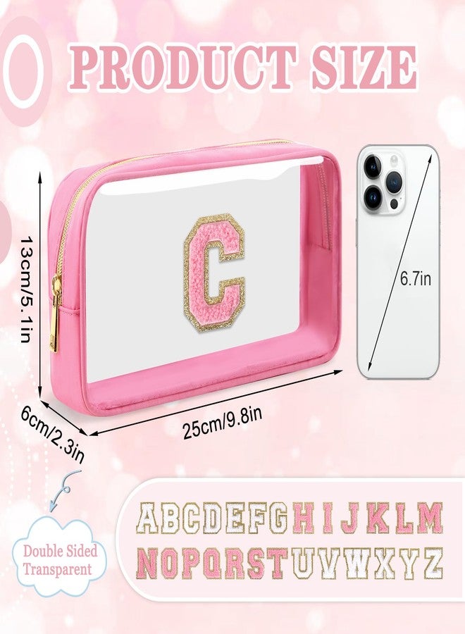 Iqimott حقيبة مكياج صغيرة شفافة مخصصة بالحرف الأول، حقيبة تجميل من نايلون مع رقعة حرف شينيلي A-Z، حقيبة مستحضرات التجميل الشاطئية، حقيبة تخزين سفر مقاومة للماء مع سحاب للنساء والفتيات (وردي-وردي C) - Image 2