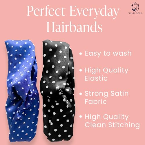 Silvr Bear Luxury Satin Hairbands | Pack of 2 | Same as Pic | Aesthetic Turban Hairband Korean Style Twisted Cross Knot Head Band | Fabric Elastic Hair Band (Polka Dots Dark For Girls Age 5 to 12) - Image 3