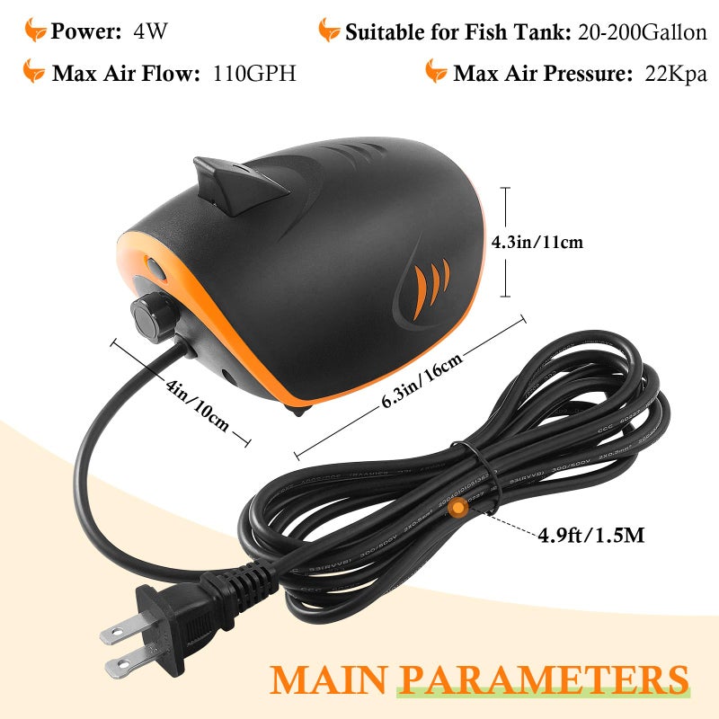HITOP 4W 110GPH Powerful Aquarium Air Pump: Quiet 2-outlets Aquarium Aerator, Adjustable Fish Tank Air Pump with Accessories, for 20-200 Gallon Tank - Image 2