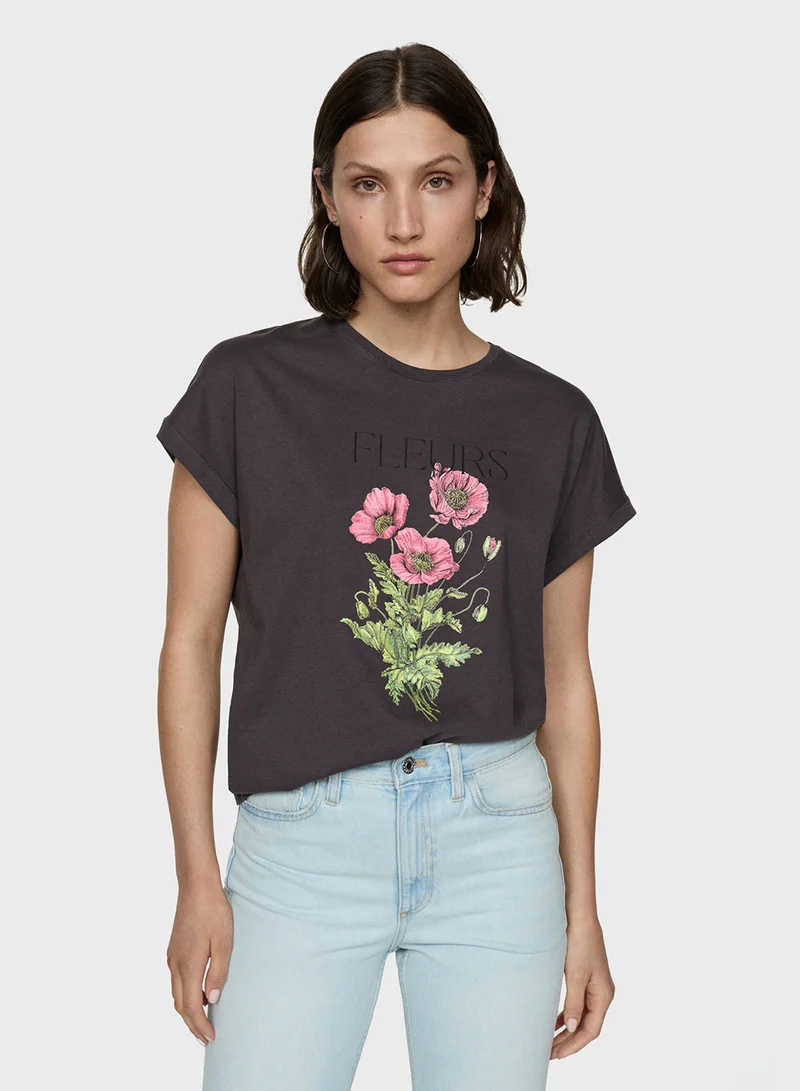 MANGO Printed Crew Neck T-Shirt