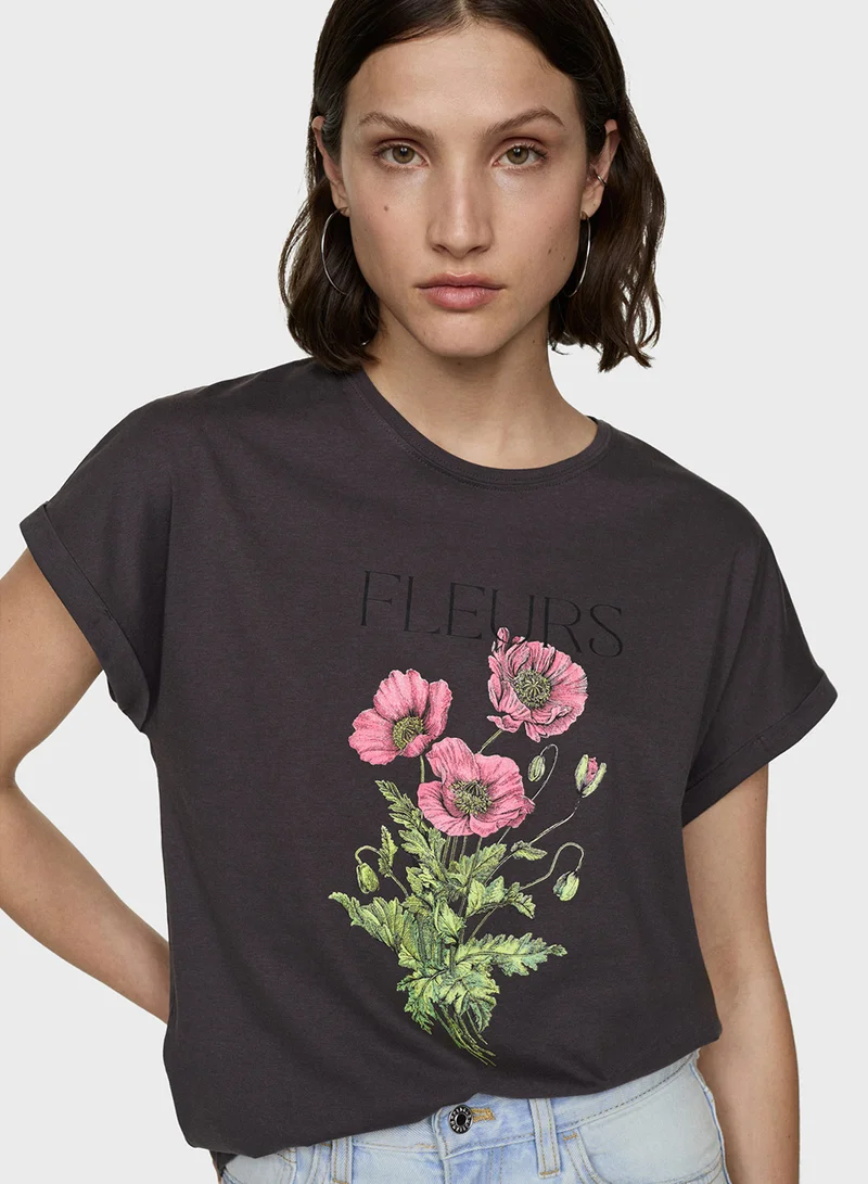 MANGO Printed Crew Neck T-Shirt