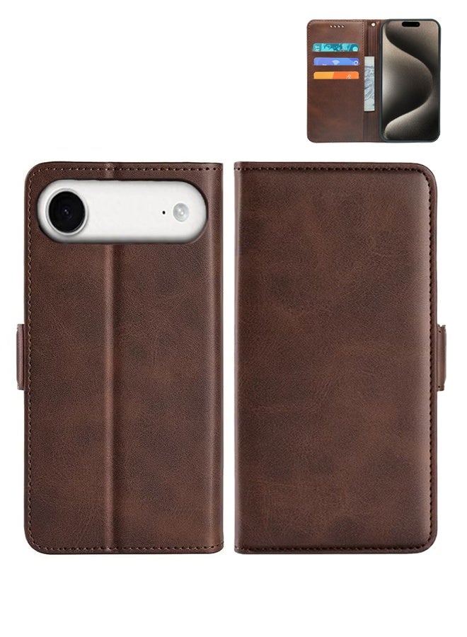 Case for Apple iPhone 17 Air, PU Leather Wrist Strap Wallet Case Card Holder Shockproof Flip Cover, Dual-side Magnetic Buckle Phone Case - Brown - Image 1