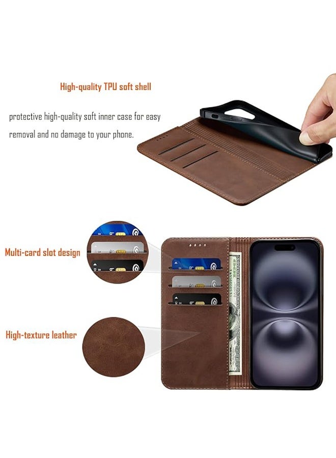 Case for Apple iPhone 17 Air, PU Leather Wrist Strap Wallet Case Card Holder Shockproof Flip Cover, Dual-side Magnetic Buckle Phone Case - Brown - Image 3