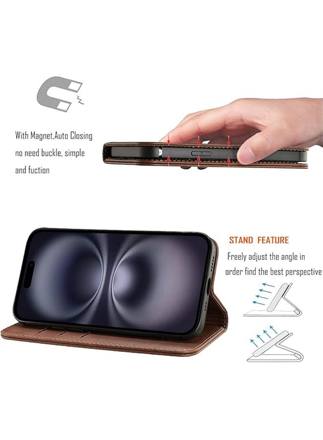 Case for Apple iPhone 17 Air, PU Leather Wrist Strap Wallet Case Card Holder Shockproof Flip Cover, Dual-side Magnetic Buckle Phone Case - Brown - Image 2