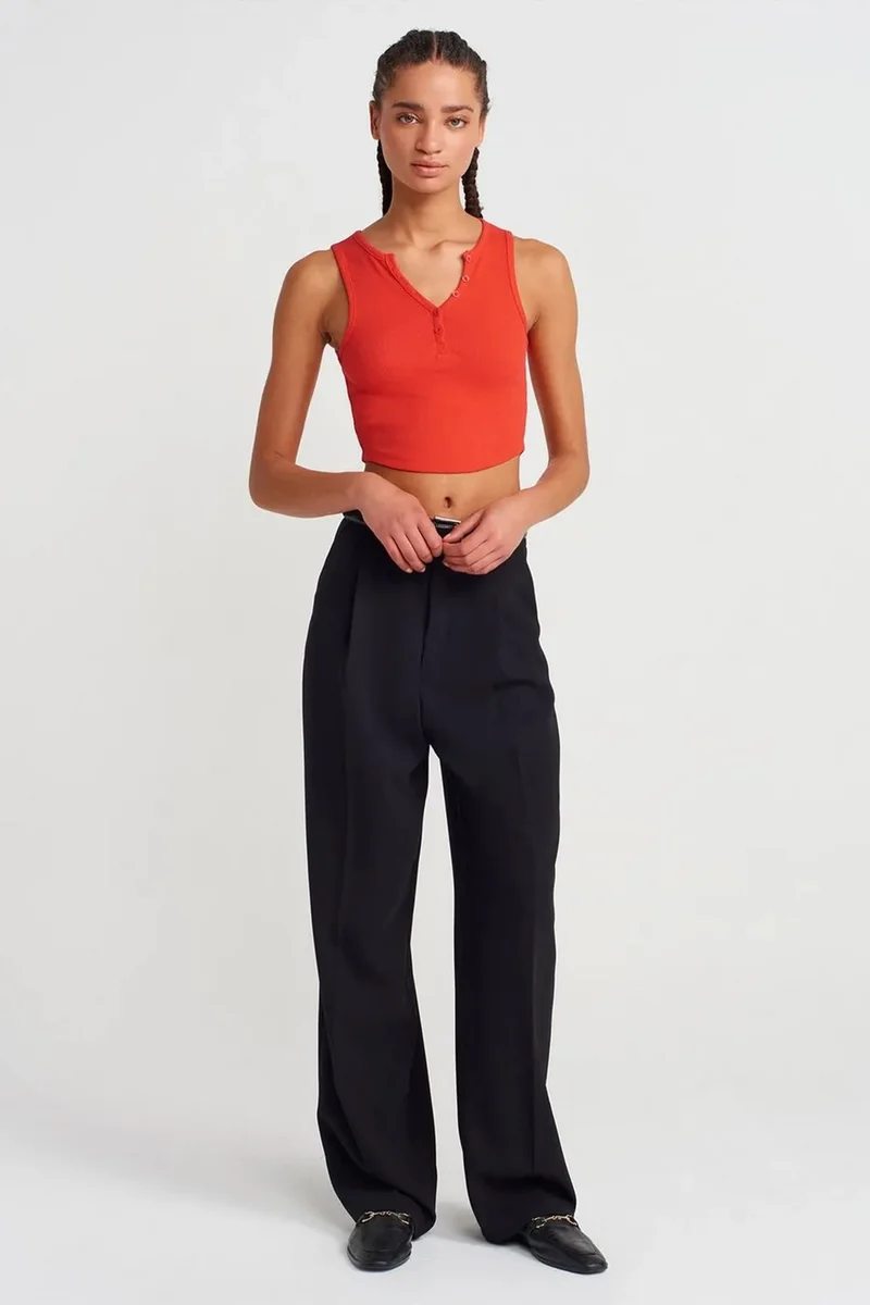 Dilvin Brick Red DILVIN Women's Ribbed Crop Blouse With Buttons for Women | Best Price UAE