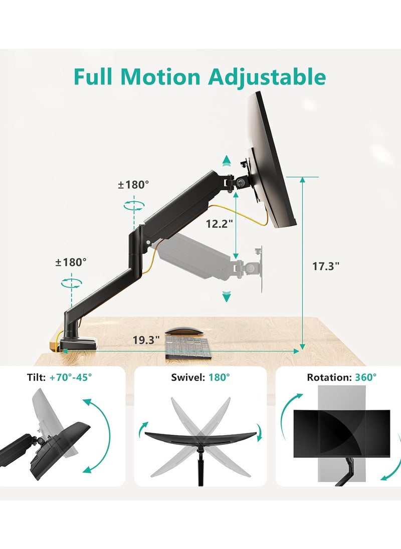 بيوينتي - Single Monitor Mount, Gas Spring Monitor Arm for 17-34 inch Screens, Adjustable Computer Monitors Stand, with Clamp and Grommet Base, Black - Image 1