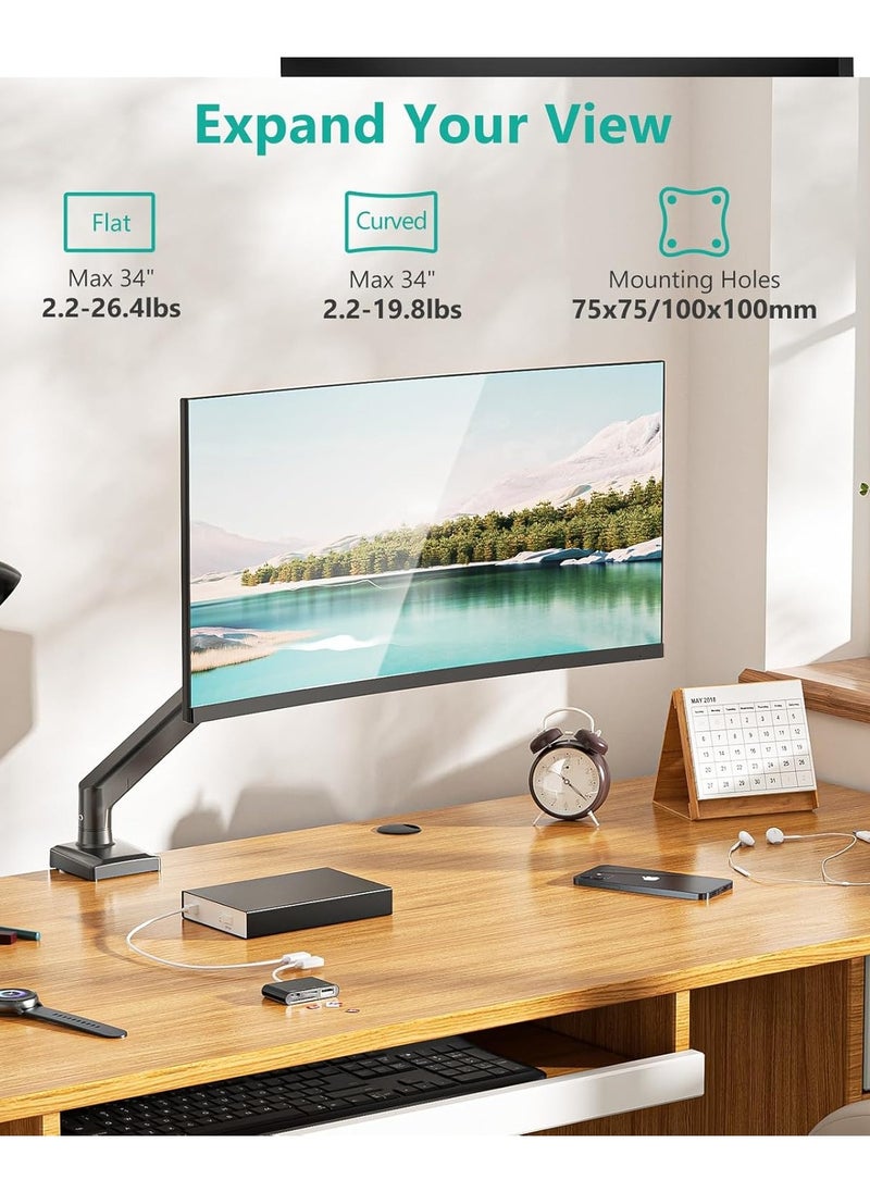 بيوينتي - Single Monitor Mount, Gas Spring Monitor Arm for 17-34 inch Screens, Adjustable Computer Monitors Stand, with Clamp and Grommet Base, Black - Image 1
