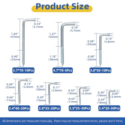 Glarks 125pcs M24M25M28M34M37M38M47 Silver L Shaped Screw in Hooks kit Carbon Steel RightAngle Hooks Zinc Plated Square Bend SelfTapping Hook for CupsLights and Utensils - Image 3
