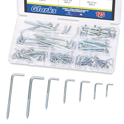 Glarks 125pcs M24M25M28M34M37M38M47 Silver L Shaped Screw in Hooks kit Carbon Steel RightAngle Hooks Zinc Plated Square Bend SelfTapping Hook for CupsLights and Utensils - Image 1