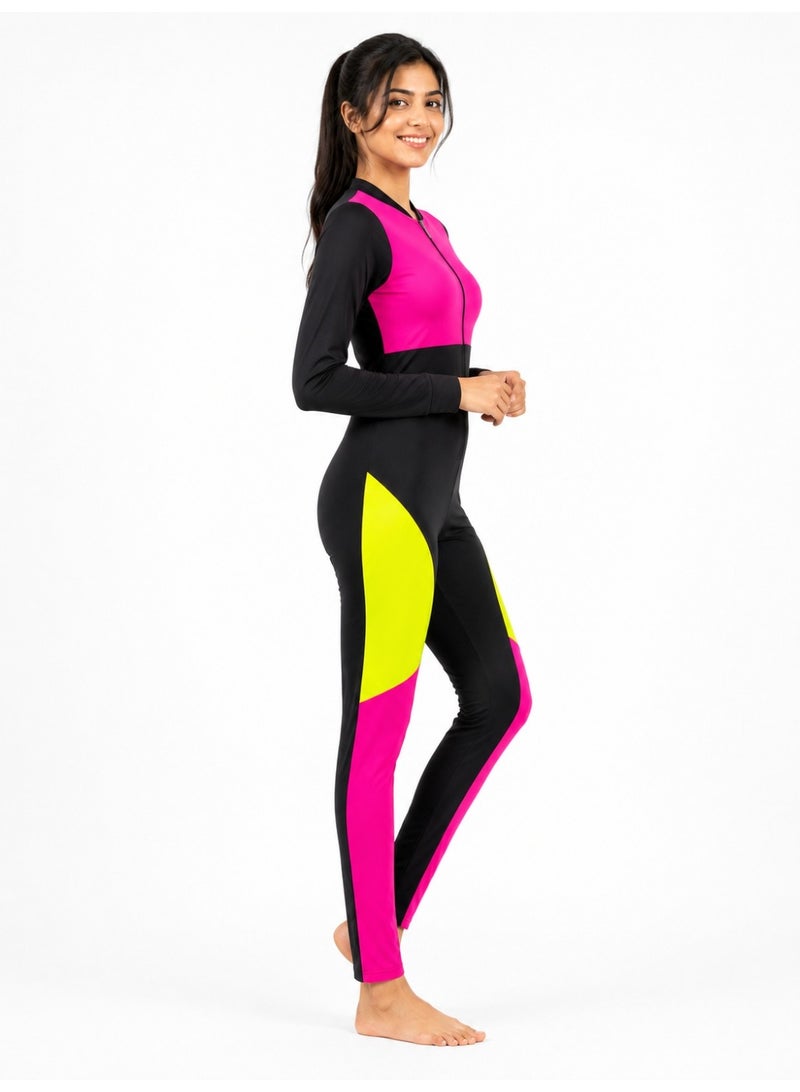Featherland Women’s One-Piece Full-Coverage Swimsuit with Long Sleeves, Full-Length Legs, Colour-Block Design and Front Zipper - Image 3