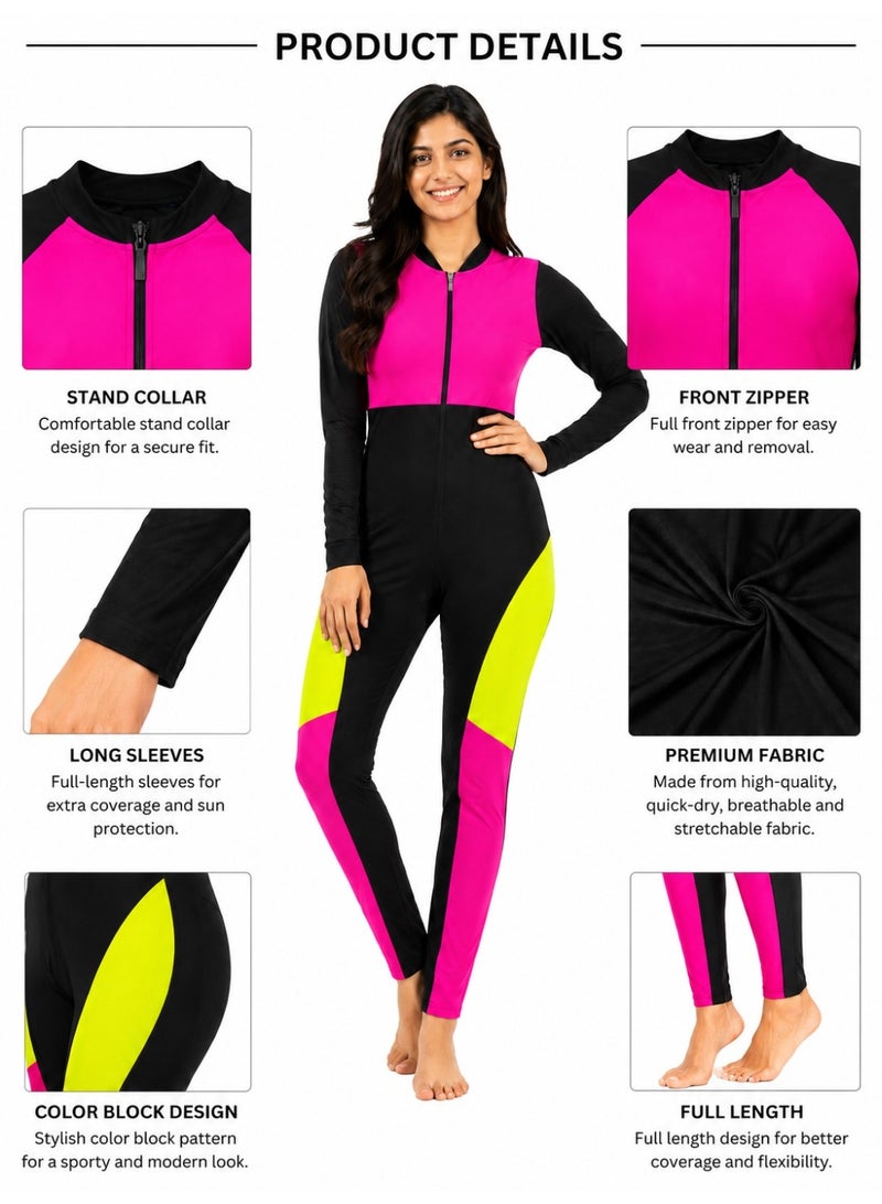 Featherland Women’s One-Piece Full-Coverage Swimsuit with Long Sleeves, Full-Length Legs, Colour-Block Design and Front Zipper - Image 4