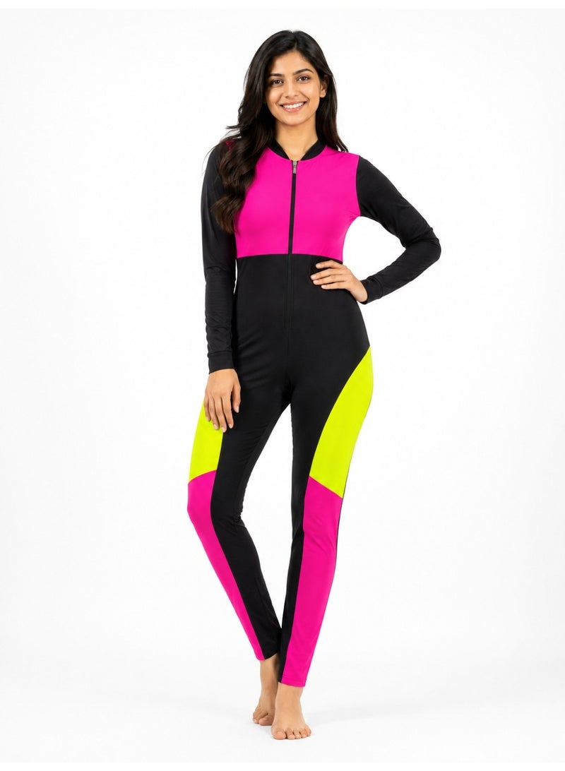 Featherland Women’s One-Piece Full-Coverage Swimsuit with Long Sleeves, Full-Length Legs, Colour-Block Design and Front Zipper - Image 2