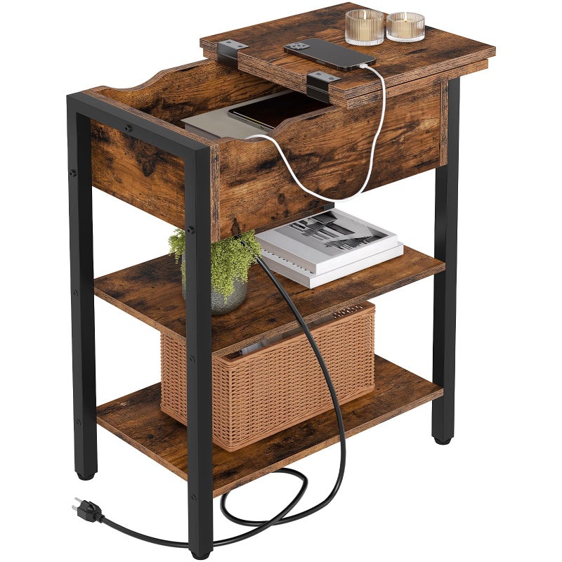 HOOBRO End Table with Charging Station Narrow Side Table Flip Top Nightstand with USB Ports and Outlets Bedside Tables with Shelf for Small Spaces Living Room Rustic Brown BF341BZ01