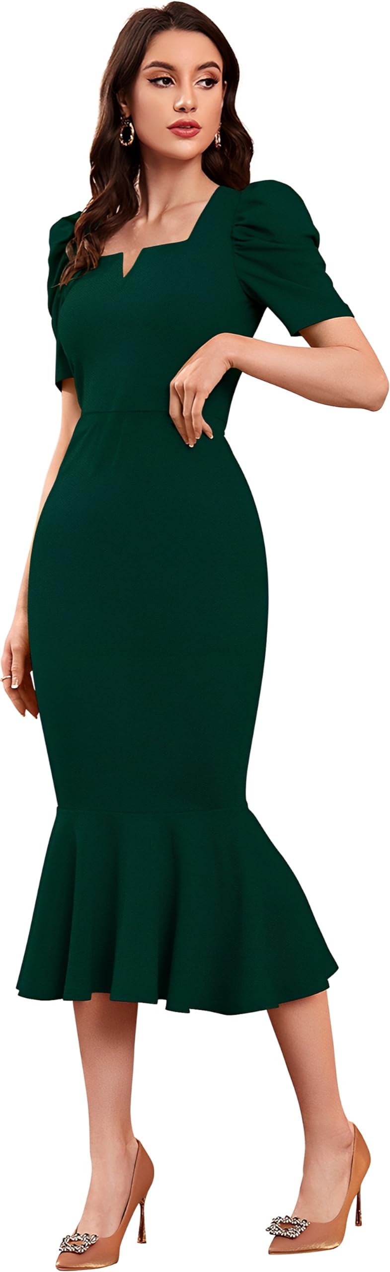 SATPURUSH Women's Lycra Blend Sweet-Heart Neck Puff Sleeve Fit and Flared Calf Length Casual Bodycon Dress for Party, Office, Meetings Etc. (Green, M) - Image 4