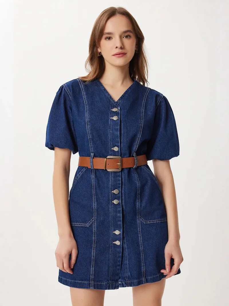 السعادة في إسطنبول ISTANBUL Denim V-Neck Mini Dress with Belt