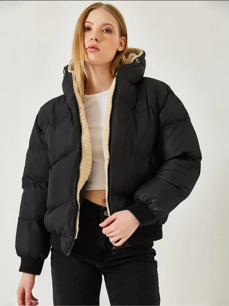 Bianco Lucci LUCCI Hooded Thick Faux Leather Puffer Jacket