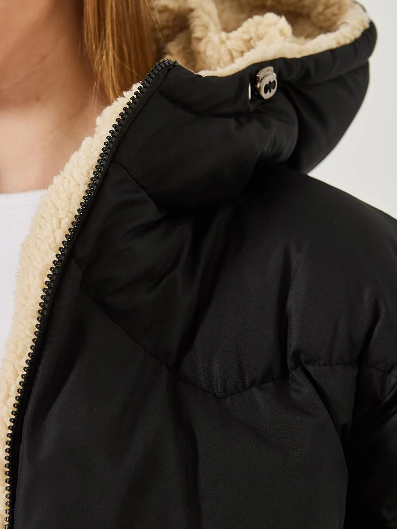 Bianco Lucci LUCCI Hooded Thick Faux Leather Puffer Jacket