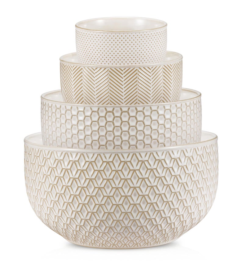 KooK Ceramic Mixing Bowls, Nesting Set of 4, Embossed Kitchen Dishware, Prep, Serving, Gift, Microwave and Dishwasher Safe, 20/44/98/145 oz, Narbonne Collection (Ivory) - Image 1