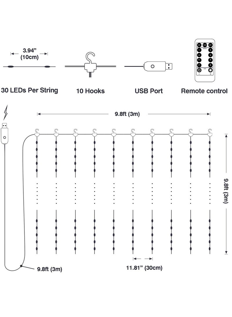 أضواء خيالية على شكل خيوط LED دافئة بيضاء، 300 مصباح، 9.8 × 9.8 قدم، أضواء معلقة لجدران غرفة النوم، إضاءة ديكور منزلي، ستارة غرفة نوم مضاءة، زينة حفلات الزفاف والاحتفالات - Image 2