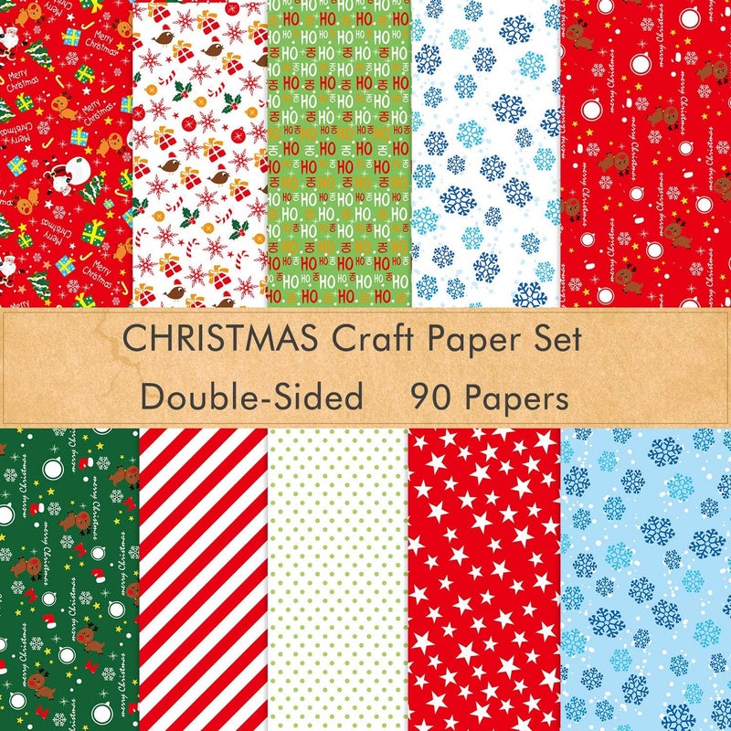 FEPITO 90 Sheets Christmas Pattern Paper Set, 14 x 21cm Decorative Paper for DIY Scrapbook Card Making Decoration, 10 Designs - Image 1