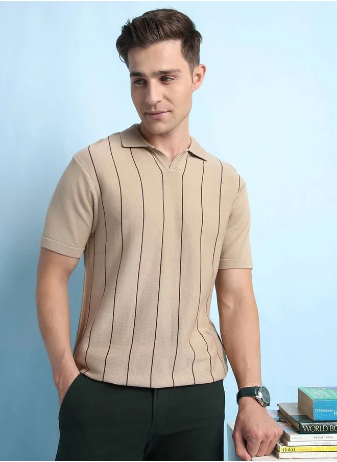 دينيس لينغو Elegant Beige Striped Polo T-Shirt for Men with a Jonny collar and vertical 2.5" stripe gaps, crafted from premium cotton for a refined yet casual style.